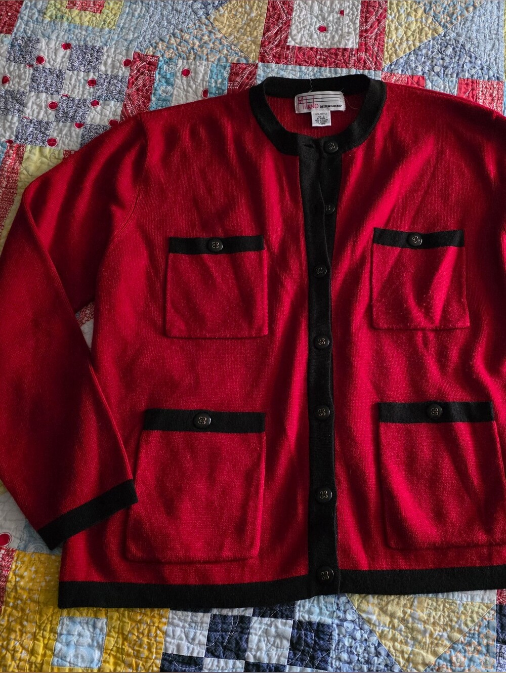 Milano Red Cardigan with Black Trim and Patch Pockets